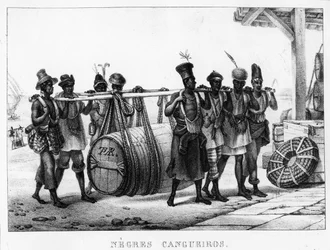 «Cangueiros negros» - Carregadores negros transportam um barril, gravado por Thierry Frères (activo 1827-45), 1835