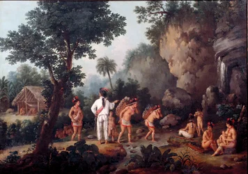 Escravatura: «caça aos escravos» - famílias indígenas (do Brasil?) são capturadas por comerciantes de escravos. Museu de São Paulo, Brasil.
