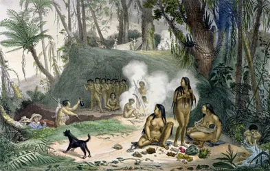 Aldeia dos Cabocles, no Cantagalo, de &39;Viagens Antigas e Históricas no Brasil&39;, publicada em 1839 (ver também 113079)
