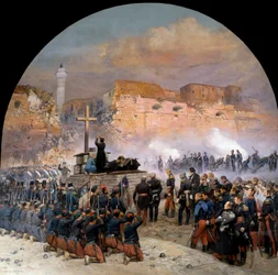 Expedição de Constantino durante a conquista da Argélia (1830-1847): "Funeral do General Denis de Damremont (1783-1837) celebrado em 18/10/1837 diante da brisa de Constantino na Argélia no dia seguinte ao assalto" Pintura de Edou