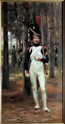 Granadeiro a pé da guarda Imperiale em 1806 Pintura por Edouard Detaille (1848-1912) Sol. 1,10 X 0,58 m Paris. Museu de Armee