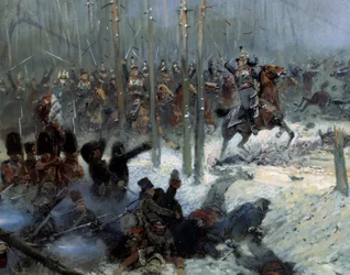 Campanha russa em 1812: "Carga do 7º navio de guerra do Coronel Dubois em la Berezina (Beresina) em 28/11/1812 na Rússia" Detalhe. Pintura de Jean-Baptiste-Edouard (Jean Baptiste Edouard) Detalhe (1848-1912) Século XIX. Paris, Musee de l