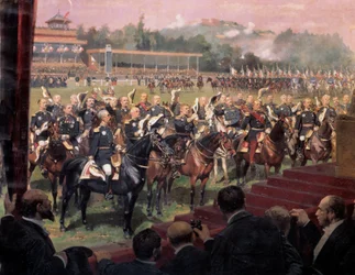 A distribuição de bandeiras em Longchamp pelo Presidente Jules Grevy, na presença de Leon Gambetta, em 14 de julho