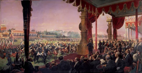 A distribuição de bandeiras em Longchamp pelo Presidente Jules Grevy, na presença de Leon Gambetta, em 14 de julho de 1880. Generais cumprimentam o Chefe de Estado, grupos em torno do Marechal Canrobert. Pintura de Edouard Detaille (1848-1912)