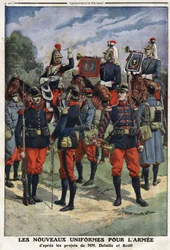 Os novos uniformes para o exército francês após os projetos dos pintores Edouard Detaille (1848-1912) e Georges Bertin Scott (1873-1942), chamados Scott de Plagnolles. Gravura no "Le Petité Journal", em 10/03/1912. Coleção privada.
