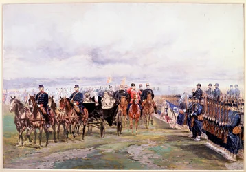 O czar Nicolas revê as tropas com Felix Faure em Chalon-sur-Marne durante sua visita à França, em 9 de outubro