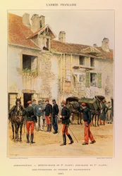 Tipos e Uniformes da Arma Francesa do Capitão Jules Richard, ilustrado por Edouard Detaille (1848-1912): Administração: Medicin Major de 2ª Classe; Ajudante Major de 1ª Classe; Ajudante Veterinário Primeiro e Telégrafo em 1887, Coleção Privada