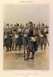Tipos e uniformes da Armadura Francesa do Capitão Jules Richard, ilustrados por Edouard Detaille (1848-1912): Sapper of the Genie in Country Dress em 1886, Coleção Particular
