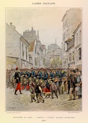 Tipos e uniformes da Armadura Francesa do Capitão Jules Richard, ilustrados por Edouard Detaille (1848-1912): Linha de infantaria: Chegada ao palco durante as manobras principais em 1885, Colecção privada