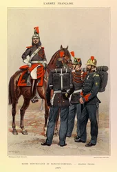 Tipos e uniformes da Armadura Francesa do Capitão Jules Richard, ilustrados por Edouard Detaille (1848-1912): Guarda Republicana e Bombeiros em Grande Traje em 1887, Coleção Privada