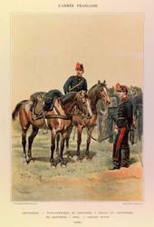 Tipos e uniformes da Armadura Francesa do Capitão Jules Richard, ilustrados por Edouard Detaille (1848-1912): Artilharia: Suboficiais de baterias em cavalos e atiradores de baterias a pé em grandes vestes em 1886, Colecção privada