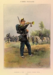Tipos e uniformes da Armee francesa do Capitão Jules Richard, ilustrados por Edouard Detaille (1848-1912): Caçadores a pé: Bugle em grande vestido em 1885, Colecção privada
