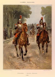 Tipos e uniformes da Armadura Francesa do Capitão Jules Richard, ilustrados por Edouard Detaille (1848-1912): Cuirassiers: Pelotão de escolta em 1885, Colecção privada