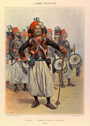 Tipos e uniformes da Armadura Francesa do Capitão Jules Richard, ilustrados por Edouard Detaille (1848-1912): Zouaves: Drum in Country Dress em 1886, Colecção Privada