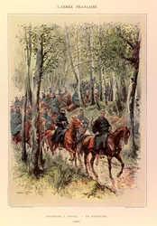 Tipos e uniformes da Arma Francesa do Capitão Jules Richard, ilustrados por Edouard Detaille (1848-1912): Caçadores um cavalo em manobras em 1885, Coleção Particular