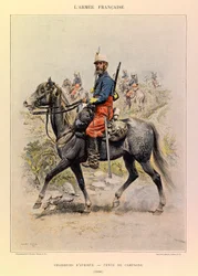 Tipos e uniformes da Armadura Francesa do Capitão Jules Richard, ilustrados por Edouard Detaille (1848-1912): Hunters of Africa in Country Dress in 1886, Colecção Privada