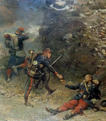Guerra de 1870: "O fundo do giberne" Um soldado de infantaria ferido dá os seus últimos projécteis ao seu companheiro durante a batalha de Champigny (11/11/1870). Detalhe de um quadro de Jean-Baptiste-Edouard Detaille (1848-1912) e Alphonse de Neuville (De