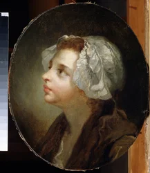 "Retrato de uma jovem rapariga" Ela usa um lenço na cabeça. Pintura de Jean Baptiste Greuze (1725-1805) Museu Regional de Arte, Chernigov (Chernihiv ou Tchernigov) Ucrânia