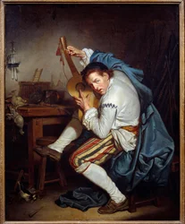 O guitarrista, ou um pássaro que, no regresso da caça, concede a sua guitarra Pintura de Jean Baptiste Greuze (1725-1805) Sol do século XVIII. 0,71x0,57 m Nantes, Musee des Beaux Arts