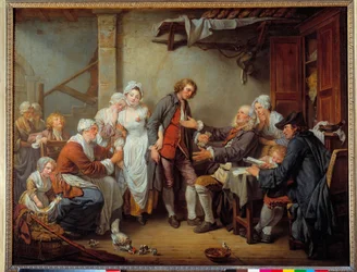 O acordee da aldeia O pai da noiva dá o dote ao seu genro. Pintura de Jean Baptiste Greuze (1725-1805). 1761 Sol. 0,92 x 1,17 m.