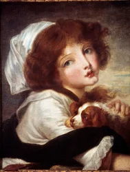 Menina com Pintura de Cão Pequeno de Jean Baptiste Greuze (1725-1805) Paris do século XVIII, Musee Cognacq Jay.