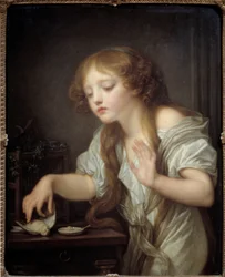 Jovem rapariga hesitante em tocar numa ave por receio de que esteja morta, ou a ave morta. Pintura de Jean Baptiste Greuze (1725-1805), 1800. Sun. 0,68 x 0,55 m