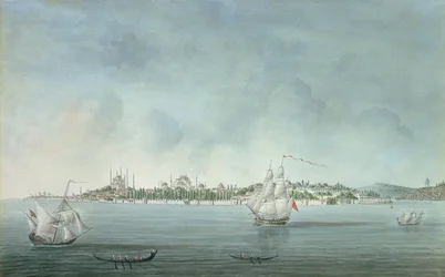 Vista do sultão Ahmet e Santa Sofia de Uskudar, em Constantinopla