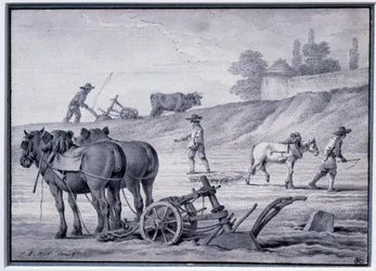 Agricultura: cena da lavoura. Desenho de Jean Baptiste Huet (1745-1811) Paris do século XVIII, Museu do Louvre