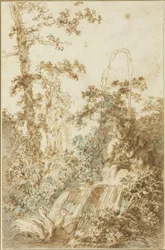 Capriccio com fonte e cisnes brincando