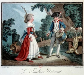Revolução Francesa: «O tambor nacional» Duas crianças pequenas disfarçadas de revolucionários. Litografia de Jean Baptiste Huet (1745-1811), século XVIII, Paris, Museu de Artes Decorativas