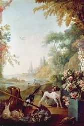 Dois Coelhos, uma Pega e um Cachorro, do Salão de Gilles Demarteau (1722-76)