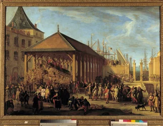 Jean Baptiste (Jean-Baptiste) Colbert (1651-1690) Marquês de Seignelay e Louis Victor (Louis-Victor) de Rochechouart, Duque de Mortemart e Vivonne (1636-1688), general das galeras e almirante da marinha do Levante, visitando a Galere Reale" unde