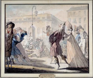 A moda sob a Revolução Francesa: "The Little Coblentz" Este era um salão muito respeitável sob o Conselho Executivo. Litografia satírica de Jean Baptiste Isabey (1767-1855) 1789. Musee Carnavalet, Paris