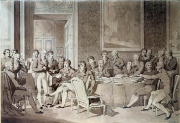 O Congresso de Viena (1814-1815), na sequência do Tratado de Paris de 1814. Reuniu as oito potências mundiais e procurou redefinir as fronteiras após a queda do Império de Napoleão I. Alexandre I, Czar da Rússia; R. H. Stewart, Castlereagh; François José I