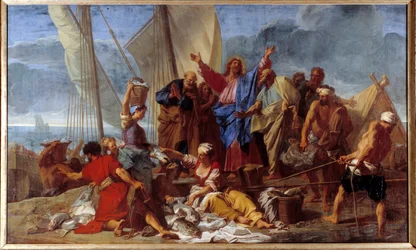 O pecado milagroso que Jesus ressuscitou diz ao apóstolo o melhor lugar para pecar. Pintura de Jean Jouvenet (1644-1717) 1706 Sol. 3,92x6,64 m