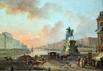 Vista da Monnaie, da Pont Royal e do Louvre da Pont Neuf por volta de 1775 Pintura de Jean Baptiste Lallemand (1710-1803) 1775 Sol. 0,53x0,64 m Paris, Musee Carnavalet