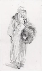 Mulher russa com uma muff par Le Prince, Jean-Baptiste (1734-1781), Entre 1758 e 1761 - Giz preto sobre papel, 22,9x13,8 - Coleção Particular