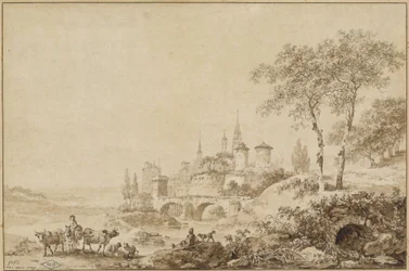 Pastores em uma paisagem antes de uma cidade fortificada
