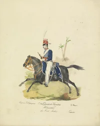 Hussar do Exército Holandês das Índias Orientais, 1820-1825
Nederlandsche Kavalerie Hussaar der Oost Indië (título sobre o objecto)
Fatos militares do Reino dos Países Baixos. Dedicado a Sua Excelência Willem van Bylandt (título da série sobre o objecto)