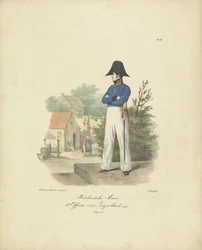 Oficial de Saúde, 1820-1825 Exército Holandês. 1º Oficial de Saúde Trajes militares do Reino dos Países Baixos. Dedicado a Sua Excelência Willem van Bylandt (título da série no objeto)
