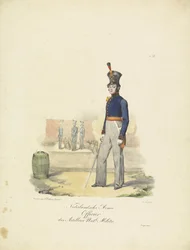 Oficial de artilharia, 1820-1825; Exército neerlandês, oficial de artilharia da Milícia Nacional (título no objeto); Trajes militares do Reino dos Países Baixos. Dedicado a Sua Excelência Willem van Bylandt (título da série no objeto)