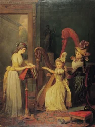 Harpa lição dada por Madame de Genlis a Mademoiselle d&39;Orleans com mademoiselle Pamela virando as páginas, c.1842