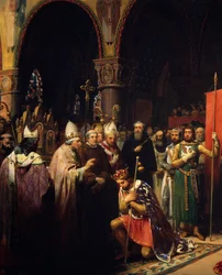 O rei Luís VII (1120-1180) leva a chama oriunda da Basílica de Saint Denis (Saint Denis) na presença da rainha Alienor da Aquitânia e recebe das mãos do Papa Eugénio III (? -1153) o abelhudo e o pannetiere da pelerina, antes da sua partida