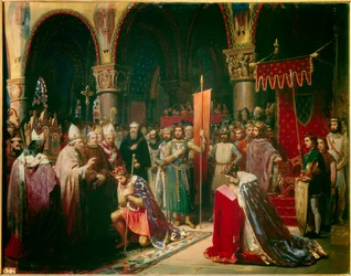 O rei Luís VII (1120-1180) leva a chama oriunda da Basílica de Saint Denis (Saint Denis) na presença da rainha Alienor da Aquitânia e recebe das mãos do Papa Eugénio III (? -1153) o abelhudo e o pannetière da pelerina, antes da sua partida