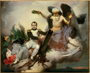 Napoleão I é coroado pelo Tempo e escreve o Código Civil. A alegoria do Tempo, sob a figura de um velho anjo, coroa Napoleão Bonaparte (1769-1821) no momento em que revia o seu código de leis conhecido como Código Napoleónico, promulgado em 1804.