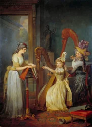 Stephanie Felicite Ducrest de Saint-Aubin, Condessa de Genlis (chamada Madame de Genlis) (1746-1830) dá uma palestra de harpa aos filhos do Duque de Orleans no castelo de Saint Leu Pintura de Jean Baptiste Mauzaisse (1784-1844) Sol do século XIX. 2,4