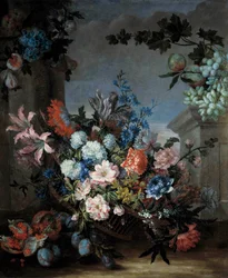 Pintura de Flores e Frutos por Jean Baptiste (Jean-Baptiste) Monnoyer (1634-1699) Século XVII Orleans musee des Beaux Arts