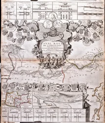 Mapa do Canal du Midi, com os seus aquedutos (Gravura