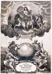 Retrato de Luís XIV, sobrevoando um globo terrestre, página de título (Gravura