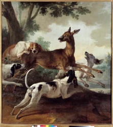 Veado perseguido por cães. Cena de caça. Pintura de Jean-Baptiste Oudry (1686-1755)